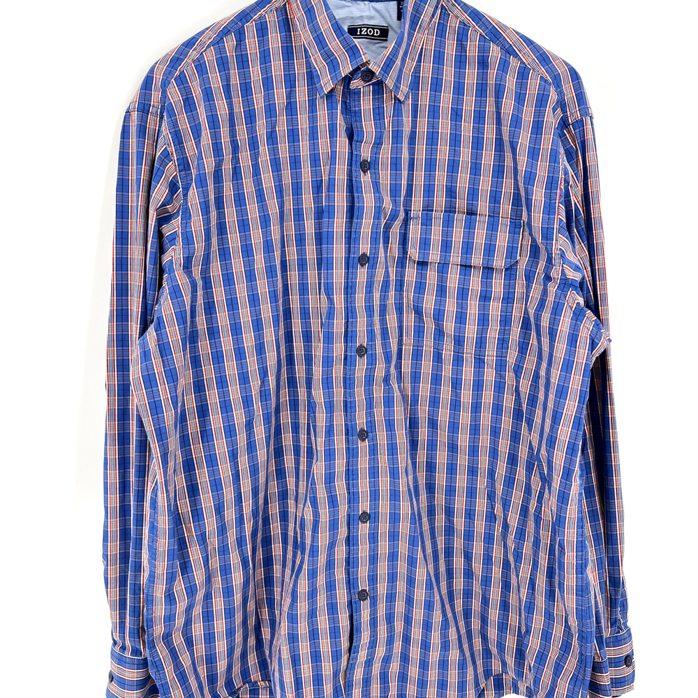 IZOD Men's Blue Plaid Button Down Long Sleeve Shirt L